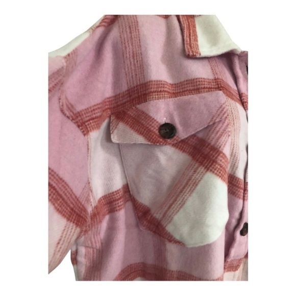 Kensie pink white colorblock plaid fleece flannel look button down shacket Large - Picture 10 of 16